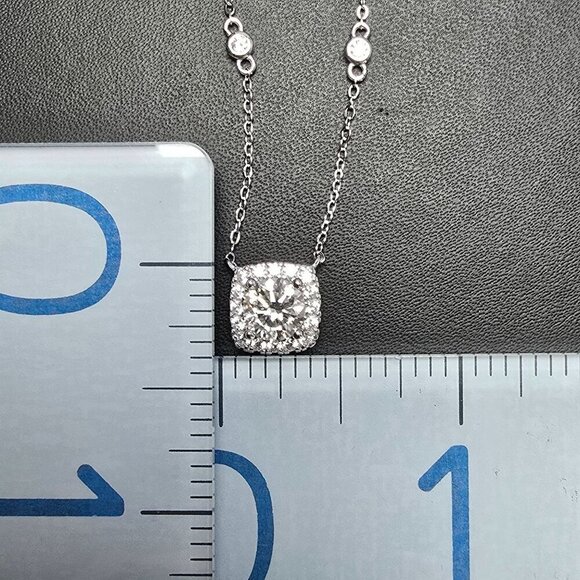 Round Cut Moissanite in Square Halo of CZ in Sterling Silver - Picture 8 of 9